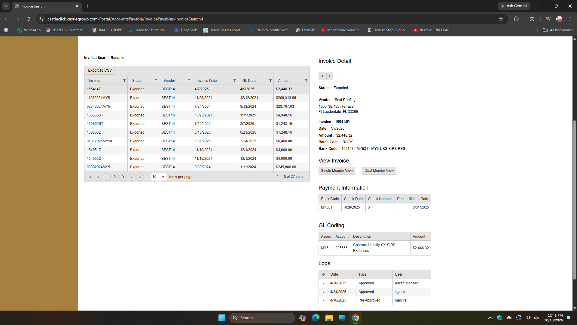 CastleClick record for Best Roofing invoice dated April 7, 2025, amount $2,446.32, GL Account 305655