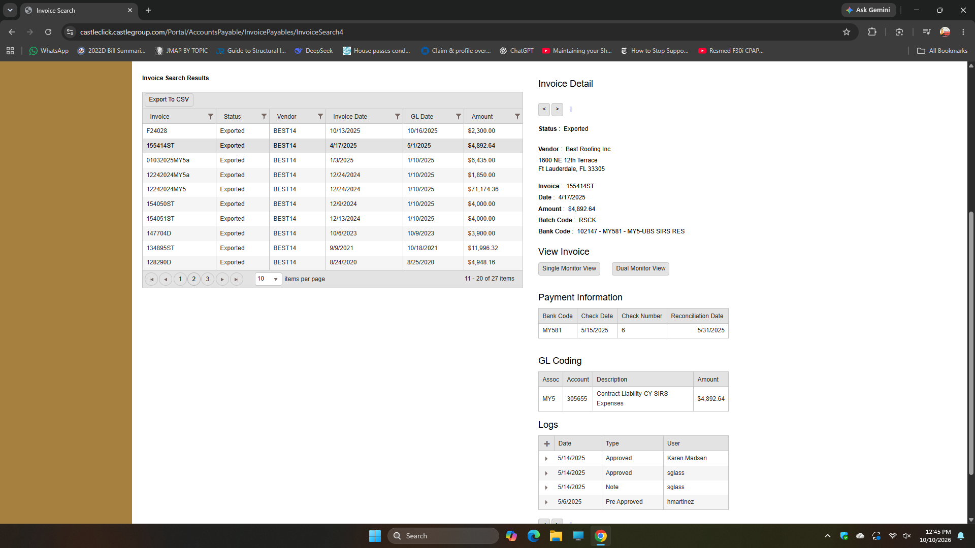 CastleClick record for Best Roofing invoice dated April 17, 2025, amount $4,892.64, GL Account 305655