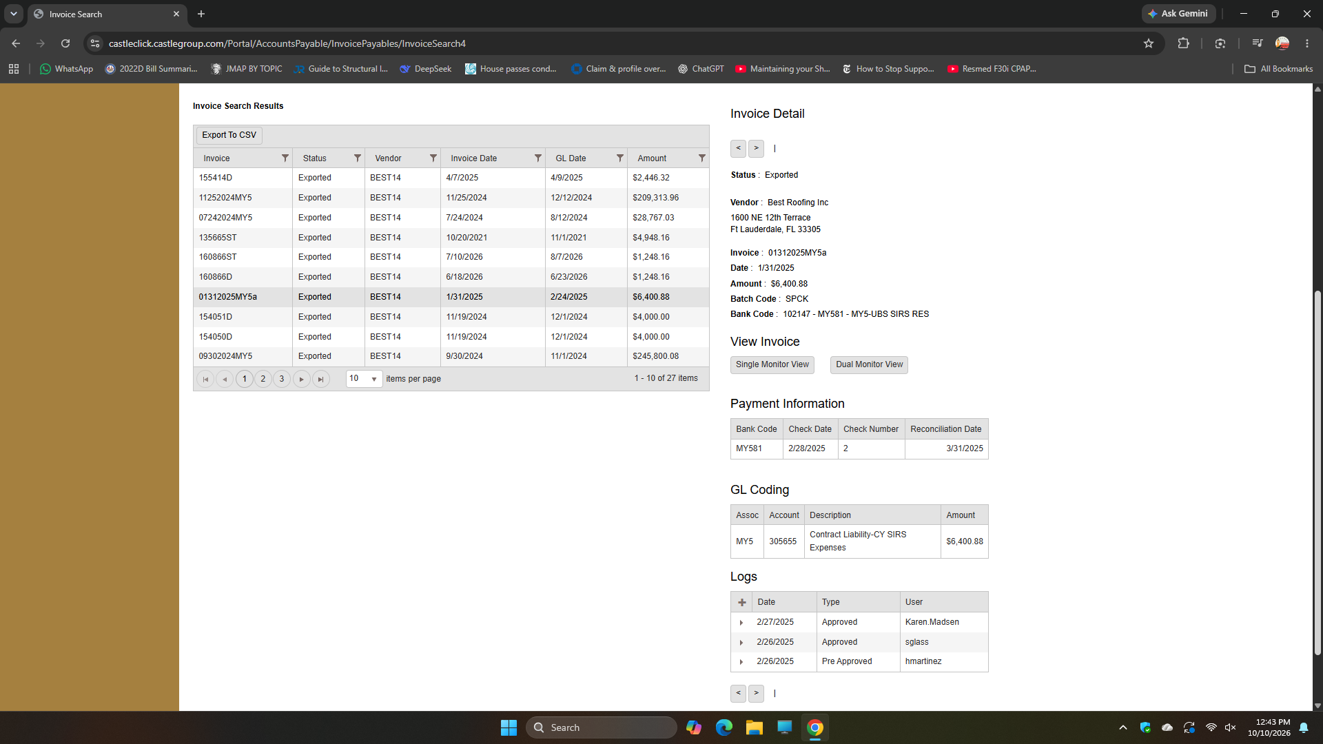 CastleClick record for Best Roofing invoice dated January 31, 2025, amount $6,400.88, GL Account 305655